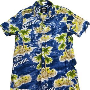 Corona Extra Hawaiian Shirt Men XL Blue Island Print Palm Trees Island